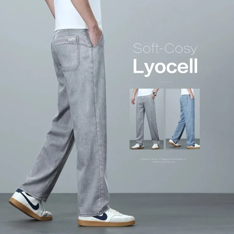 High Quality Spring Summer Lyocell Men's Jeans Loose Straight Wide Leg Casual With Slant Pockets Trousers Male Plus Size 40