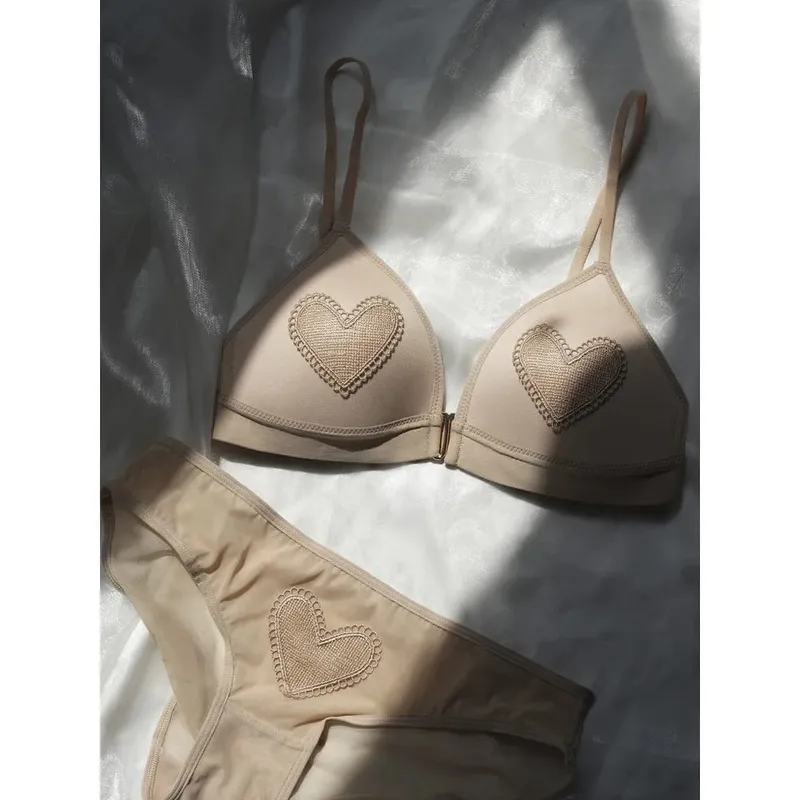 Red Lingerie Set Wireless Front Hook Bra French Triangle Thin Cup Embroidery Bra Set For Festival Soft Comfortable Daily Use