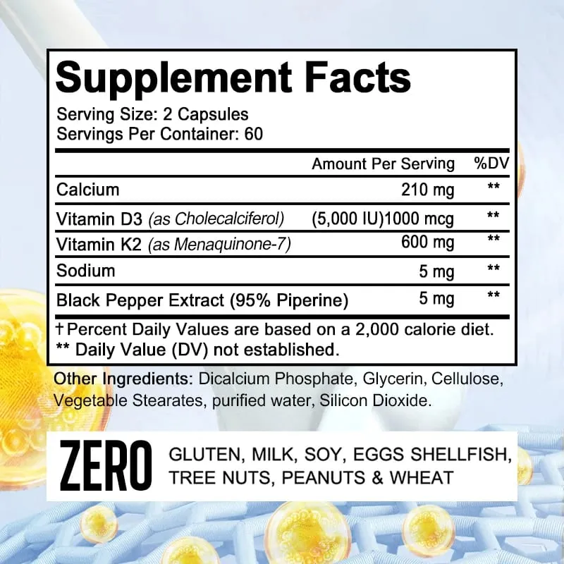 Bcuelov Vitamin D3+K2 5000 IU Vitamin D3 formula bukan GMO yang mudah ditelan vitamin D dan K kompleks makanan tambahan