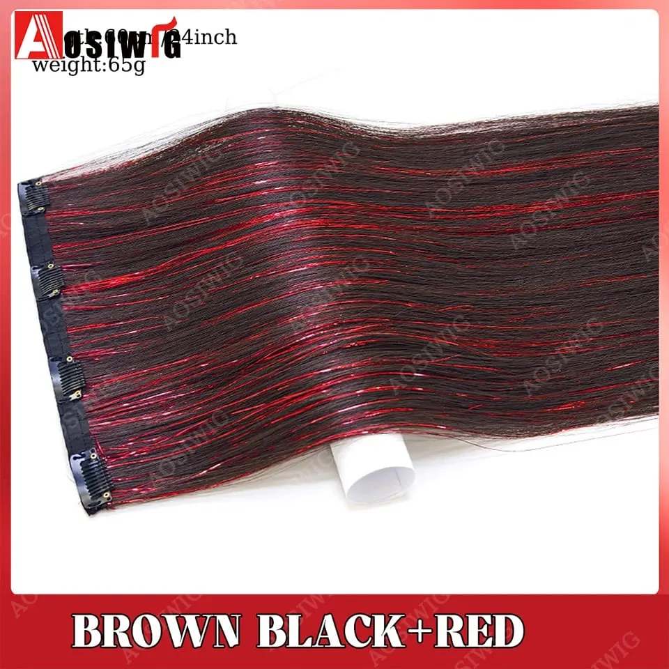 Blue Glitter Tinsel Clip in Hair Extensions One Piece Straight Synthetic Hairpiece with Sparkle Strands for Women Party Daily