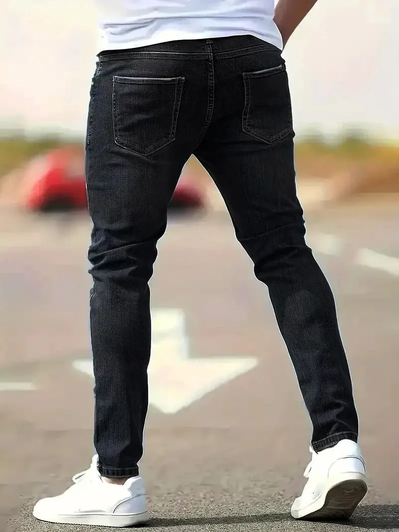 Men's American Retro Hole-Punched Stretch Slim Fit Jeans Zipper Casual Streetwear Denim Pants Classic Black Blue Skinny Trousers — image 3