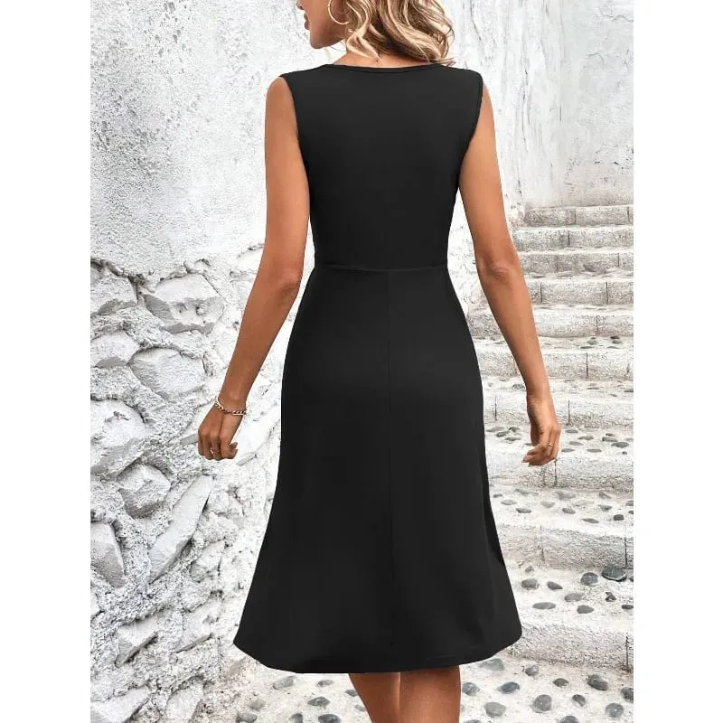 Dresses 2025 Woman Summer Solid Color V-Neck Waist-Tied Cross-Front Pleated Sleeveless Long Dress Woman Clothing Skirts Y2k