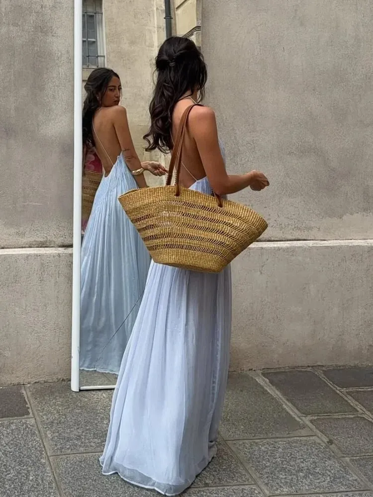 Sexy dámské jednobarevné plisované dlouhé šaty elegantní bez rukávů podvazkové šaty slim fit šaty na plážový večírek