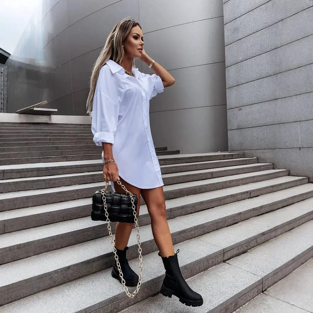 Women Lapel Collar Button Down Shirt Dress Long Sleeve Loose High Low Hem Casual Tunic Dresses