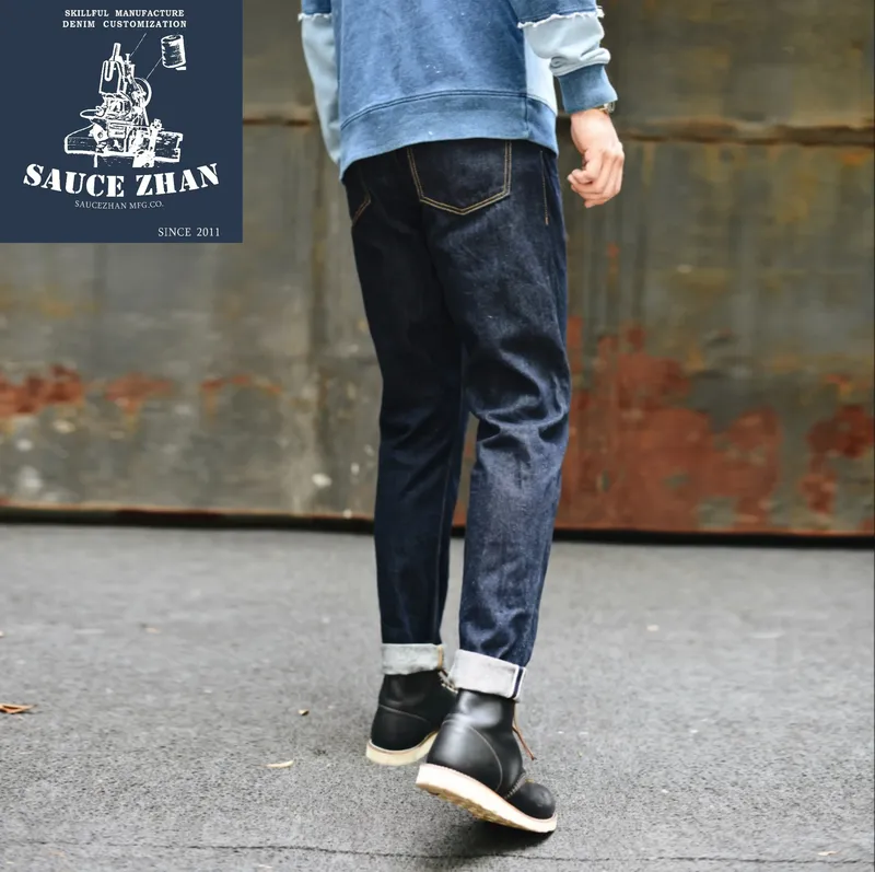 Saucezhan 314XX Mens Jeans Sanforized Selvedge Denim Jeans for man Indigo and Black Jeans Zipper Fly Slim Fit