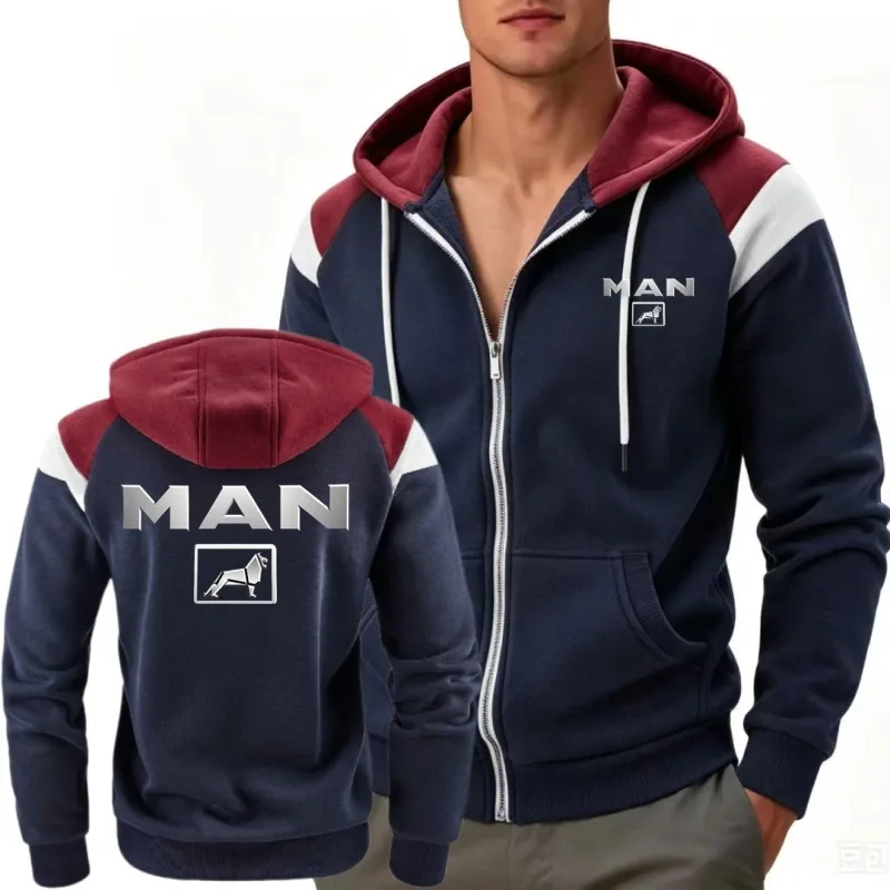 Men's Windproof Fleece Hooded Jacket Block Contrast Sportswear Comfortable Fashionable Truck Man Hoodies Sweatshirts