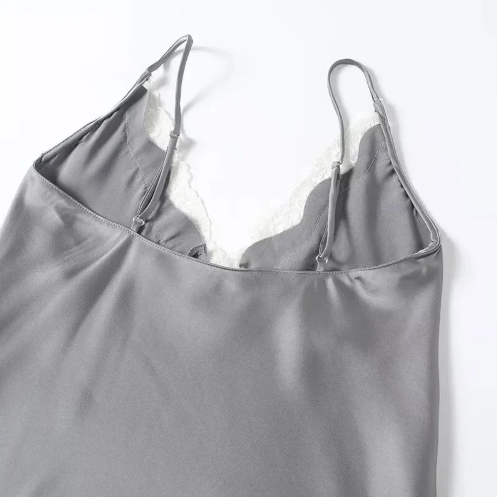 Casual Solid Color Lace Patchwork Tanks Spaghetti Strap Breathable Satin Camisole Sleeveless V-neck Tops Party Outfit