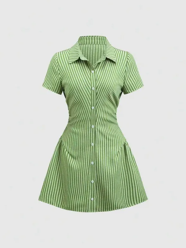Women's Summer Mini Dress V Neck Bubble Sleeve Pleated A Line Shirt Dress Casual Short Dresses for Women