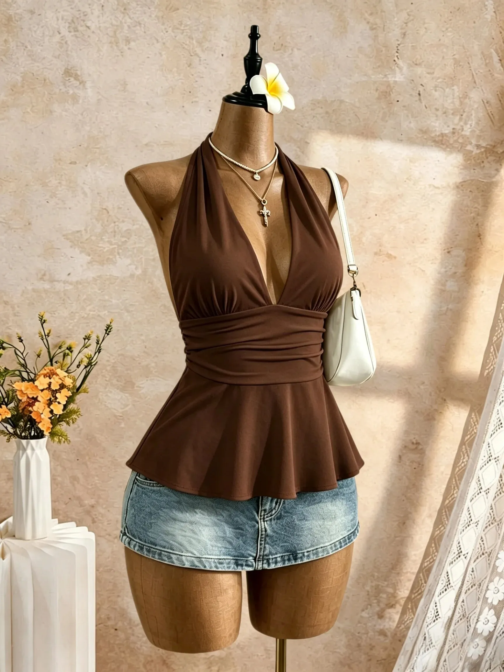 Women Halter Deep V Neck Sleeveless Peplum Tank Top Wrap Waist Ruched Flared Hem Slim Fit Y2K Cami Blouse