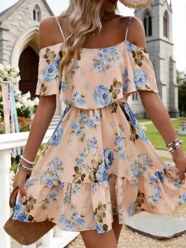 Women's European-Style Floral Print Dress Sleeveless Halter Top with Ruffled Edges Short Skirt for Summer