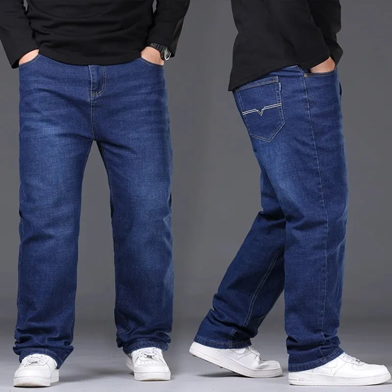 42-50 Plus Size Men's Jeans Business Casual Denim Pants High Waist Straight Leg Loose Elastic Comfortable Trousers Male Clothing