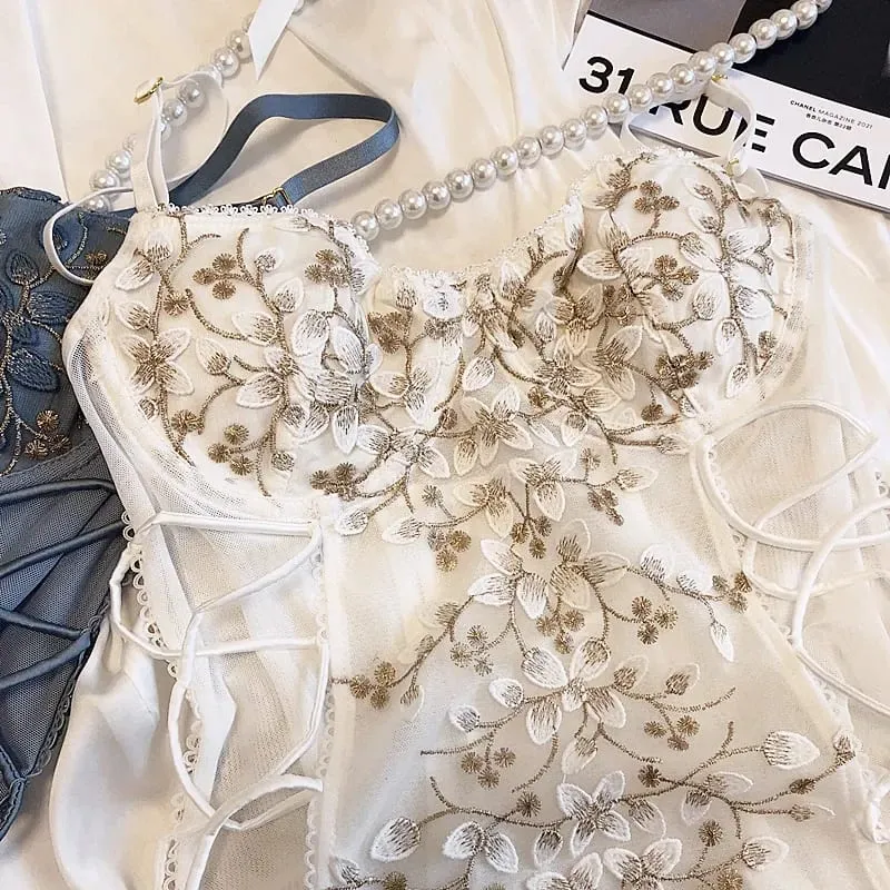 Three-dimensional embroidery flower petals lingerie soft steel ring one-piece bra set sexy strap open file shaping underwear
