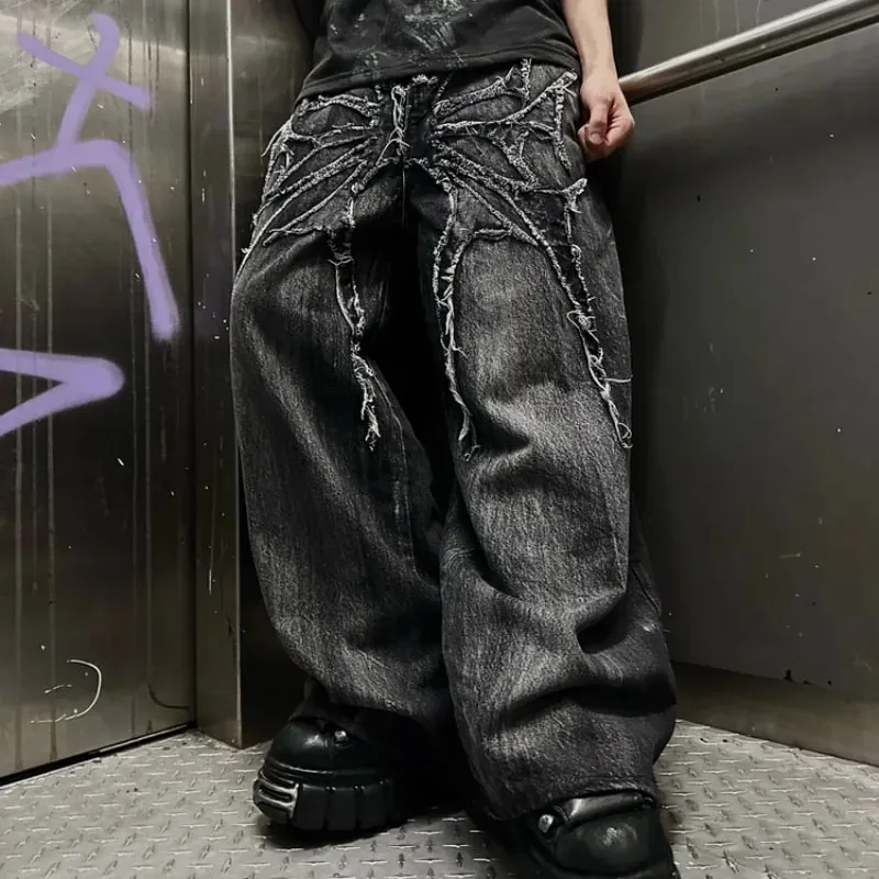 Men Y2K Gothic Spider Baggy Jeans Distressed Washed Raw Edge Wide Leg Denim Pants Hip Hop Streetwear Ghost Loose Trousers
