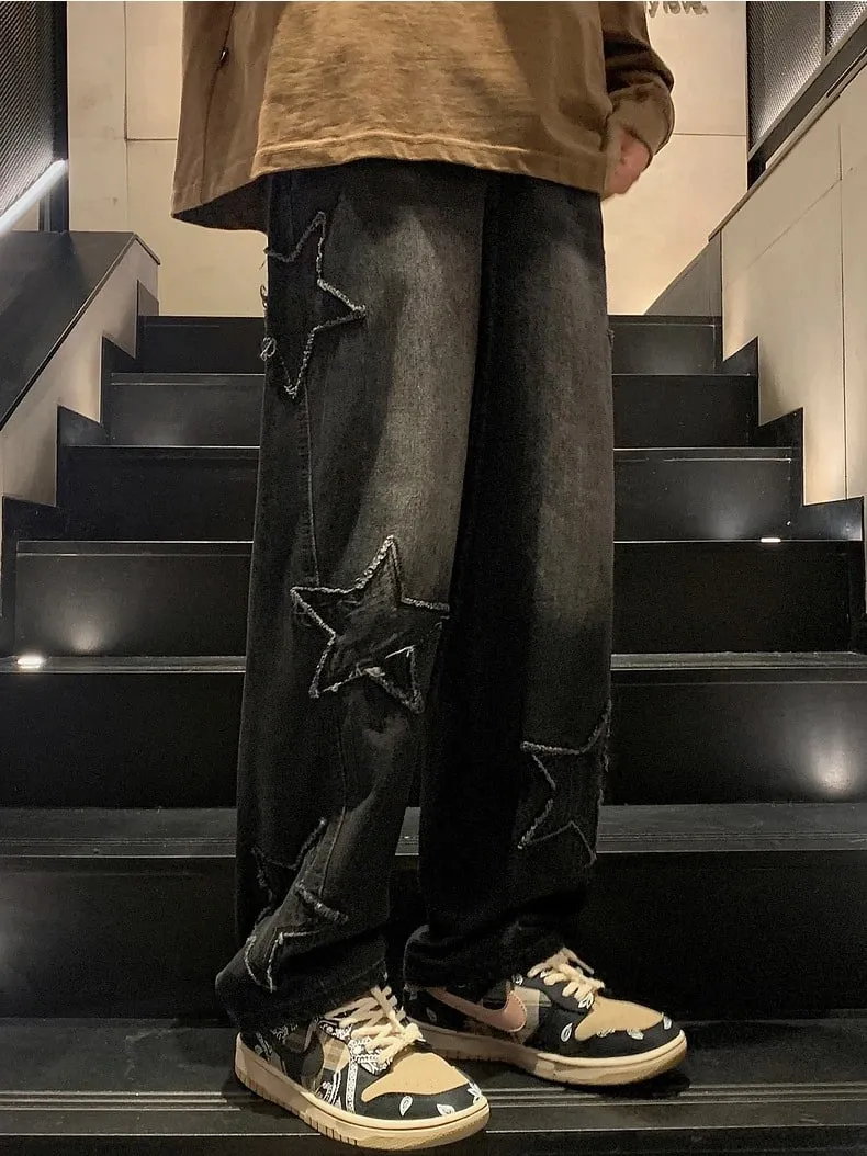 Men's Black Faded Baggy Wide Leg Jeans Raw Edge Star Patch Detail Hip Hop Street Style Casual Daily Going Out Loose Fit Denim Trousers