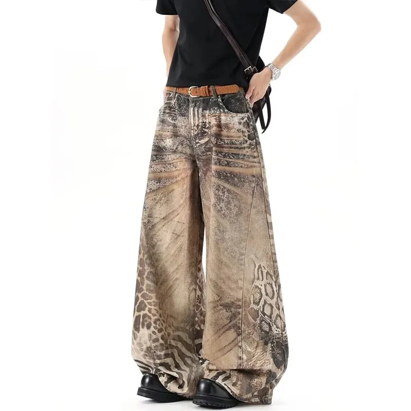 Washed Brown Distressed Leopard Printed Loose Men's Jeans Streetwear Casual Wide Leg Denim Long Pants Summer New — image 3