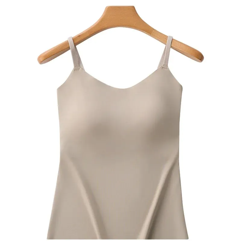 M-2XL Beautiful Back Sling Long Vest With Build-in Bra Women's Summer Fixed Cup Outer Wear Bottoming Top For 40-80kg