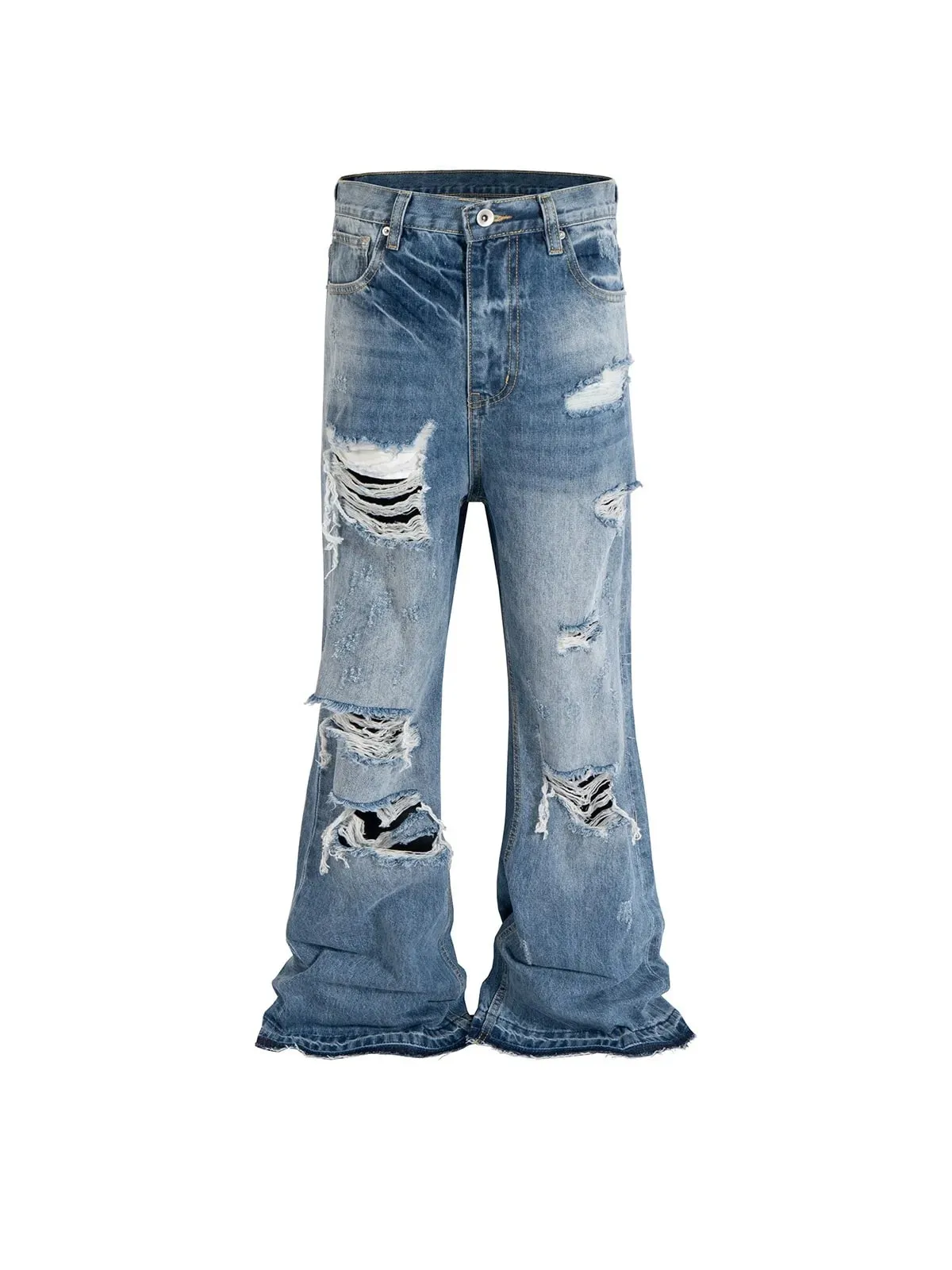 Unisex Wide Leg Flared Jeans Torn Hole Cut with Cat Whisker Fringe Blue for Men And Women ZJ014