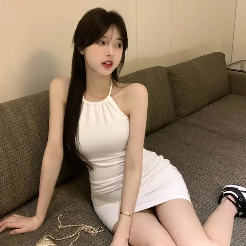 女款夏季掛脖吊帶洋裝修身修身彈性腰帶甜美2K辣妹風短裙優雅休閒D