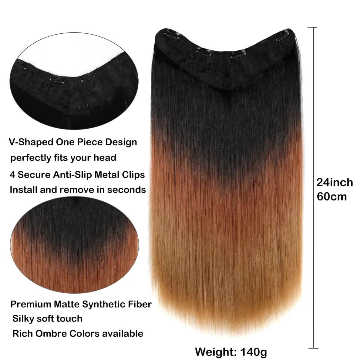 Clip In Hair Extension V Shape One Piece Straight Hair Whit 4 Clips Ombre Synthetic Hair Pieces For Women