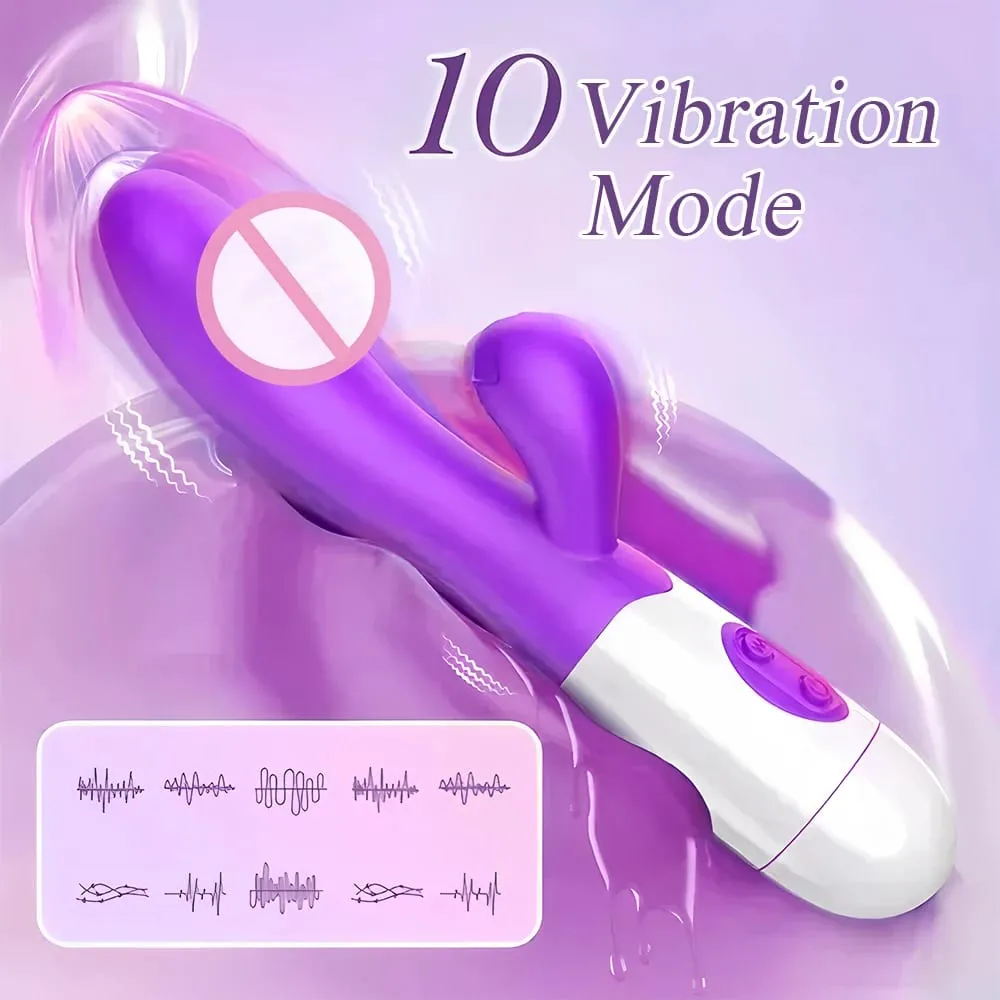 Silicone Rabbit Vibrator G Spot Dildo Dual Vibrating Clitoris Massager 10 Speeds Sex Toy for Women