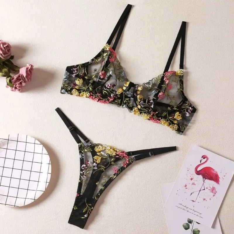 2-Piece Versatile Floral Lingerie Set Embroidery Sheer Women Underwear Boho Bra Panty Set