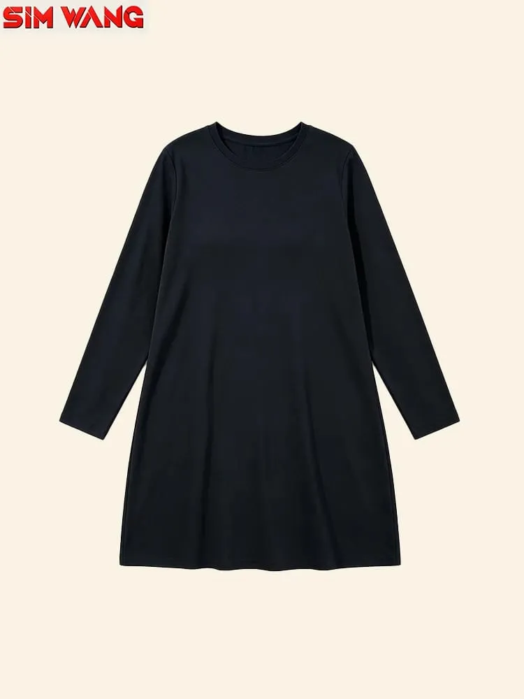 Long-Sleeved Dress for Women. Loose Round-Neck Long-Style Solid-Color Basic Home-Style Casual Dress.