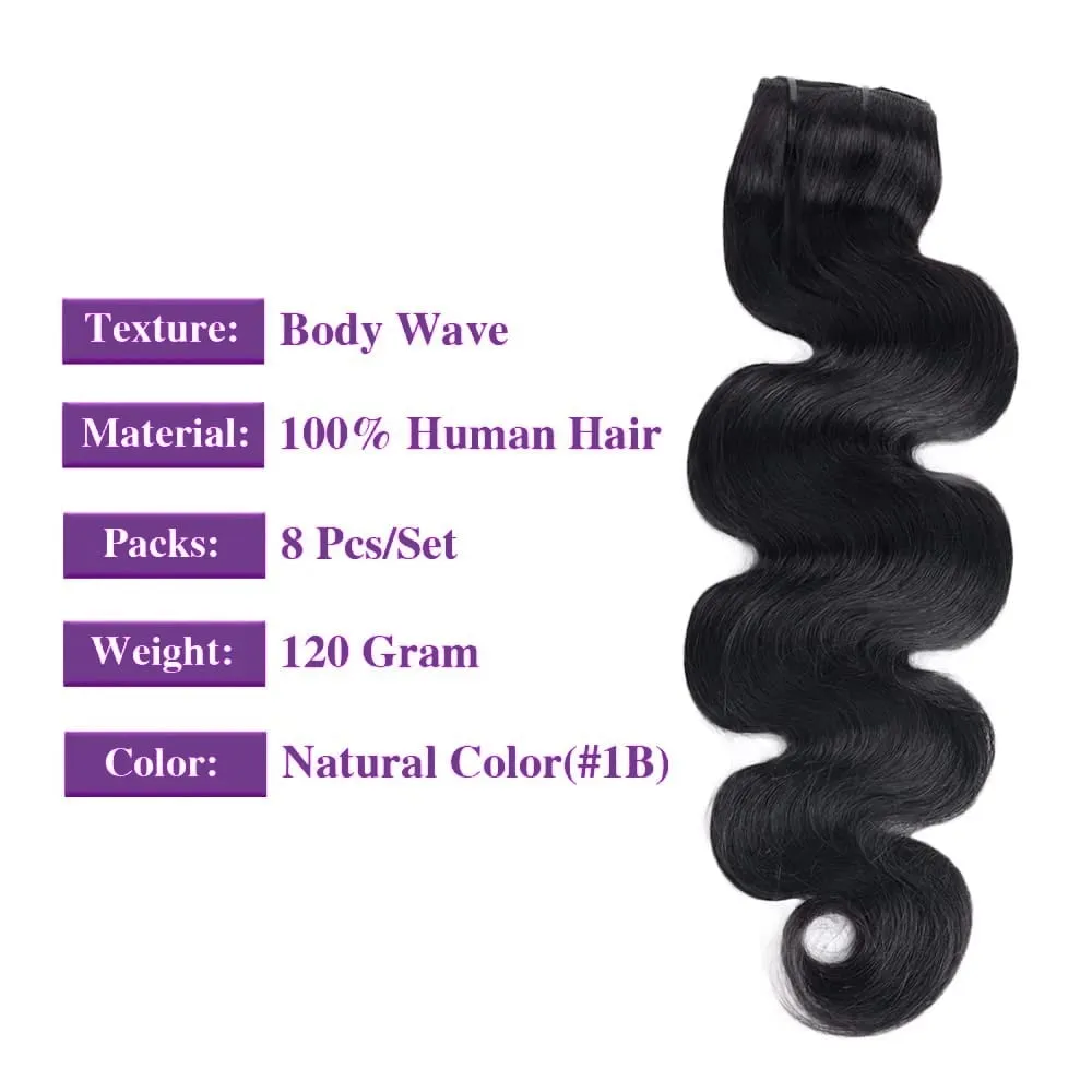 Clip In Hair Extensions Body Wave 8Pcs Clip In Human Hair Extensions Natural Black Remy Skin Weft Hair Extensions For Salon