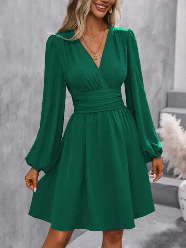 Dresses 2025 Woman Clothing V Neck Lantern Sleeve Wrap Mini Dress Ruched Waist Flowy Hem Elegant for Autumn and Party Styles