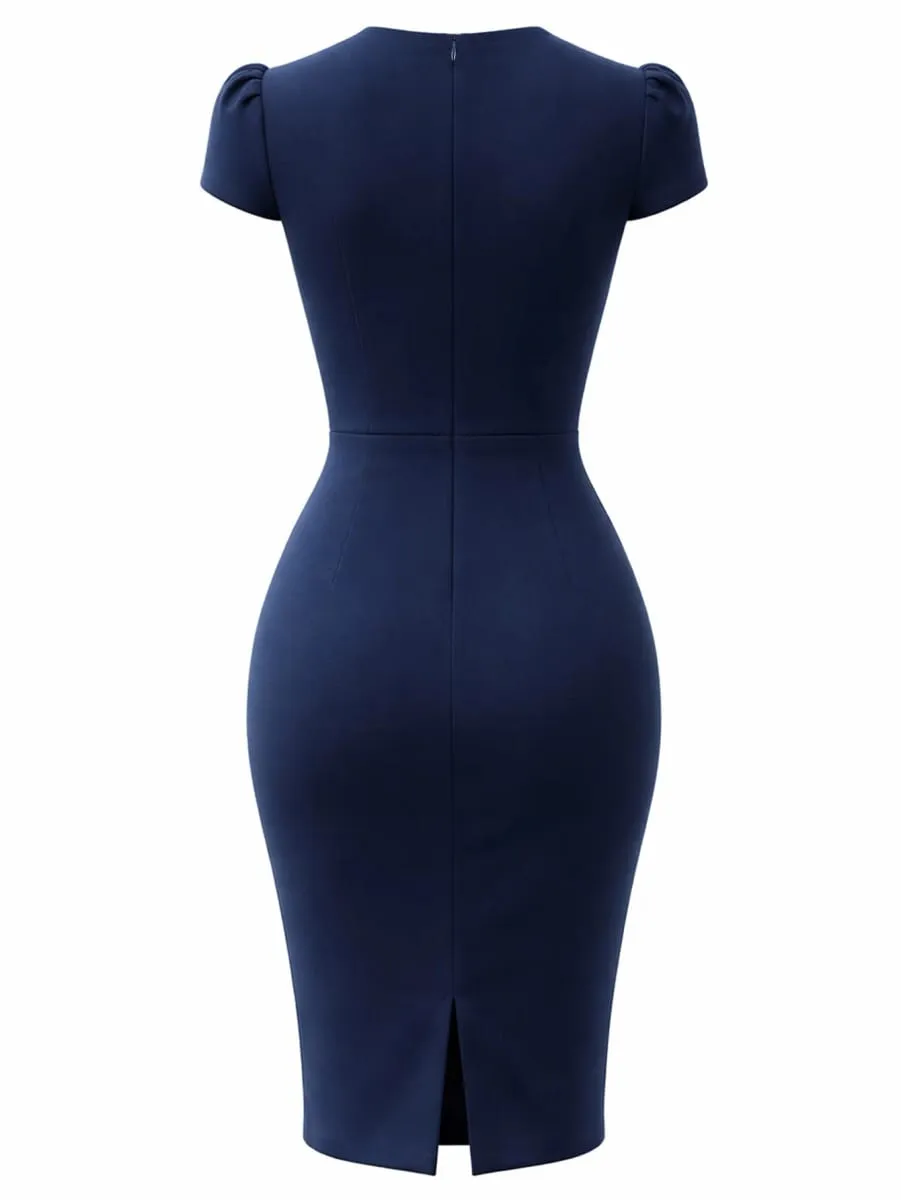 Women Elegant Cap Sleeve V-Neck Sexy Slim Knee Length Cocktail Party Vestidos Sheath Bodycon Pencil Dress