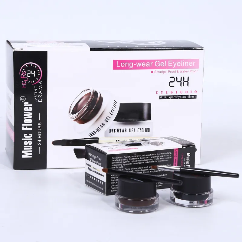 Music Flower 2 IN 1 Two-color Eyeliner Gel Set Black & Coffee Waterproof 3D Long Lasting Smudge Proof Eye Makeup Cosmetic Kit