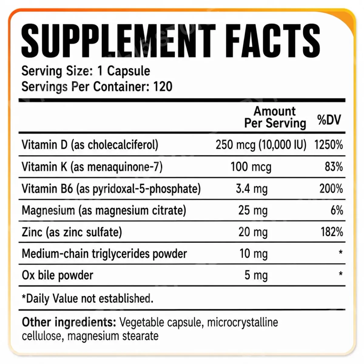 D3 K2 MK-7 Vitamin Supplement Capsules with Magnesium Zinc B6 and MCT Powder 120 Count Adult Daily Wellness Support