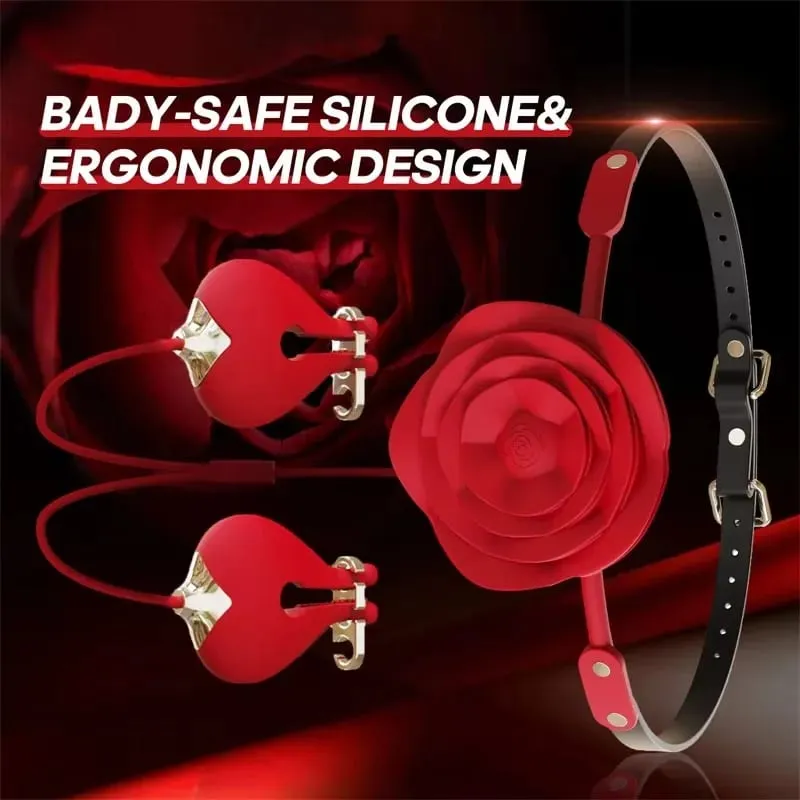 Forced Orgasm New Rose Mouth Ball Collar Leash Nipple Clamp Vibrator BDSM Couple Foreplay Masturbation Silicone Sex Toy Set