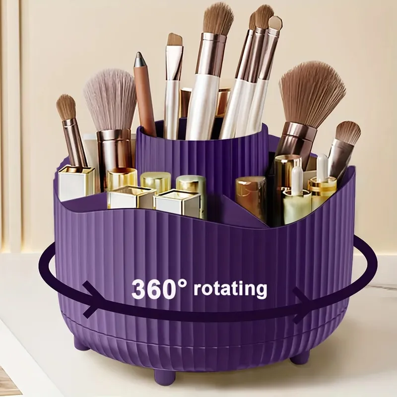 360-Degree Rotating Makeup Organizer 5 Slot Plastic Cosmetic Storage Elegant Stripe Versatile Holder for Brushes Office Supplies