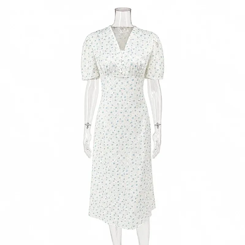 Stylish Printed Maxi Dress Women Elegant Slim V-Neck Short-Sleeve Evening Dress Summer New Casual Commuter Female Dress