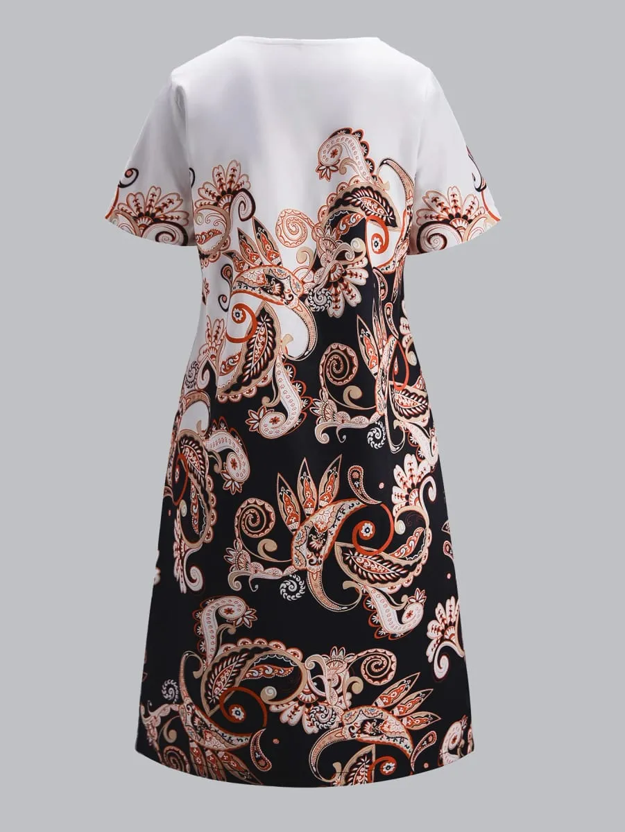 Ladies Fashion Elegant Positioning Print Short Sleeve Bodycon Mini Dress Versatile Slimming Dress for Women