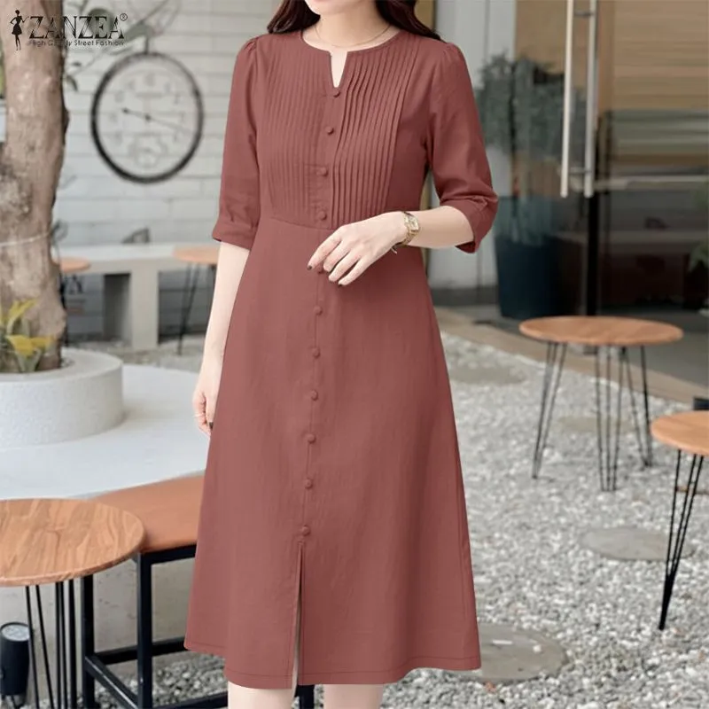 2026 ZANZEA Stylish Split Hem Dress Women Summer Sundress V Neck Half Sleeve Holiday Midi Robe Casual Solid Color Work Dresses