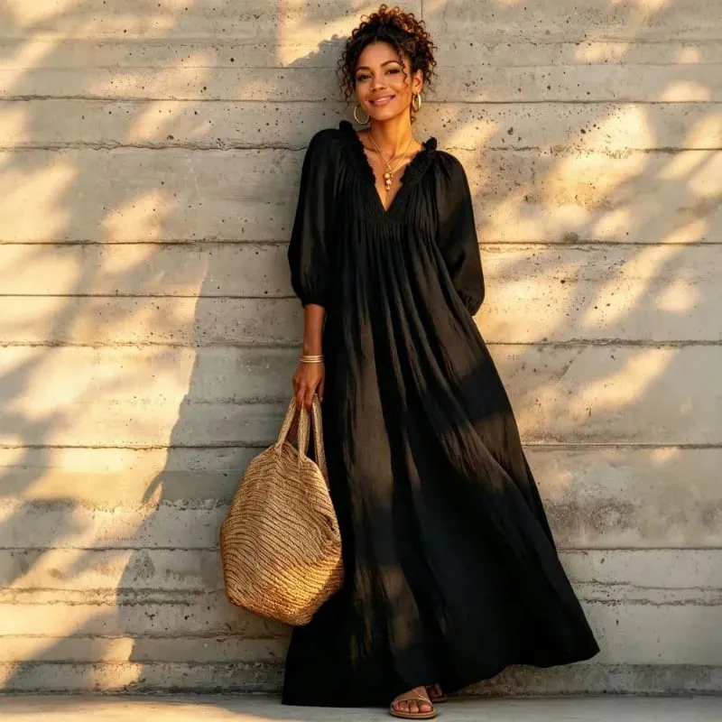 Women Boho Dresses V Neck Lantern Sleeve Maxi Dress Vacation Loose Beach Cover Up Dress Spring Summer Overall Jumpsuit Playsuit