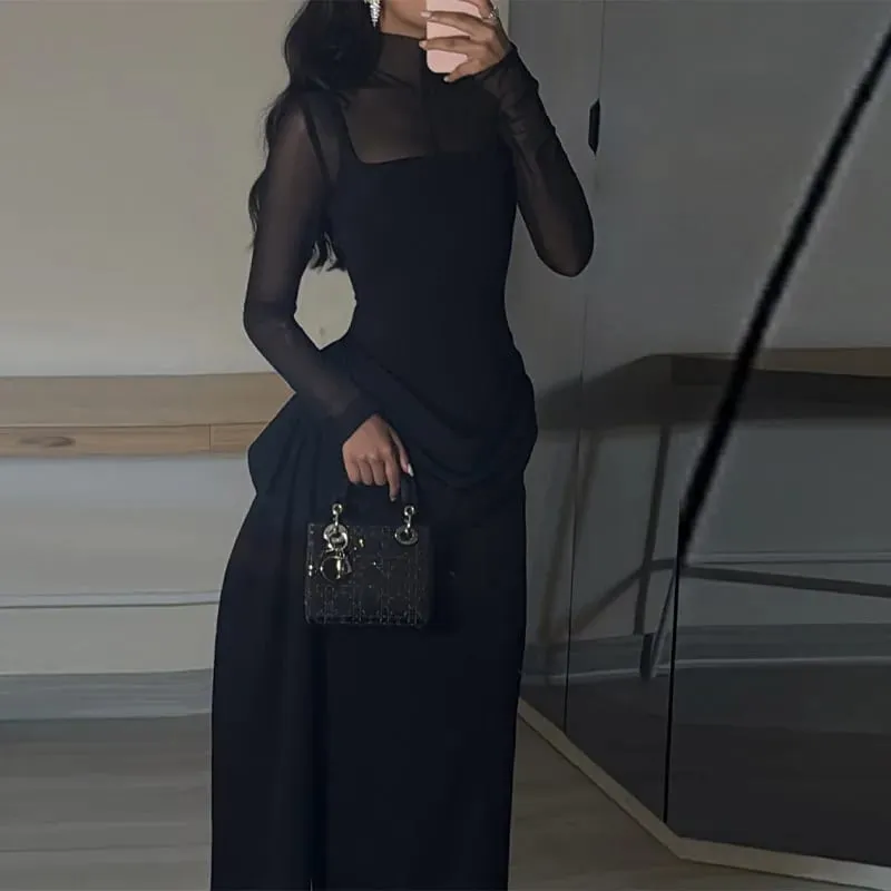 Stylish Lady Mesh See Long Sleeve Splicing Dress Elegant Evening Gown Women's 2026 New Luxury Boutique Club Party Dresses