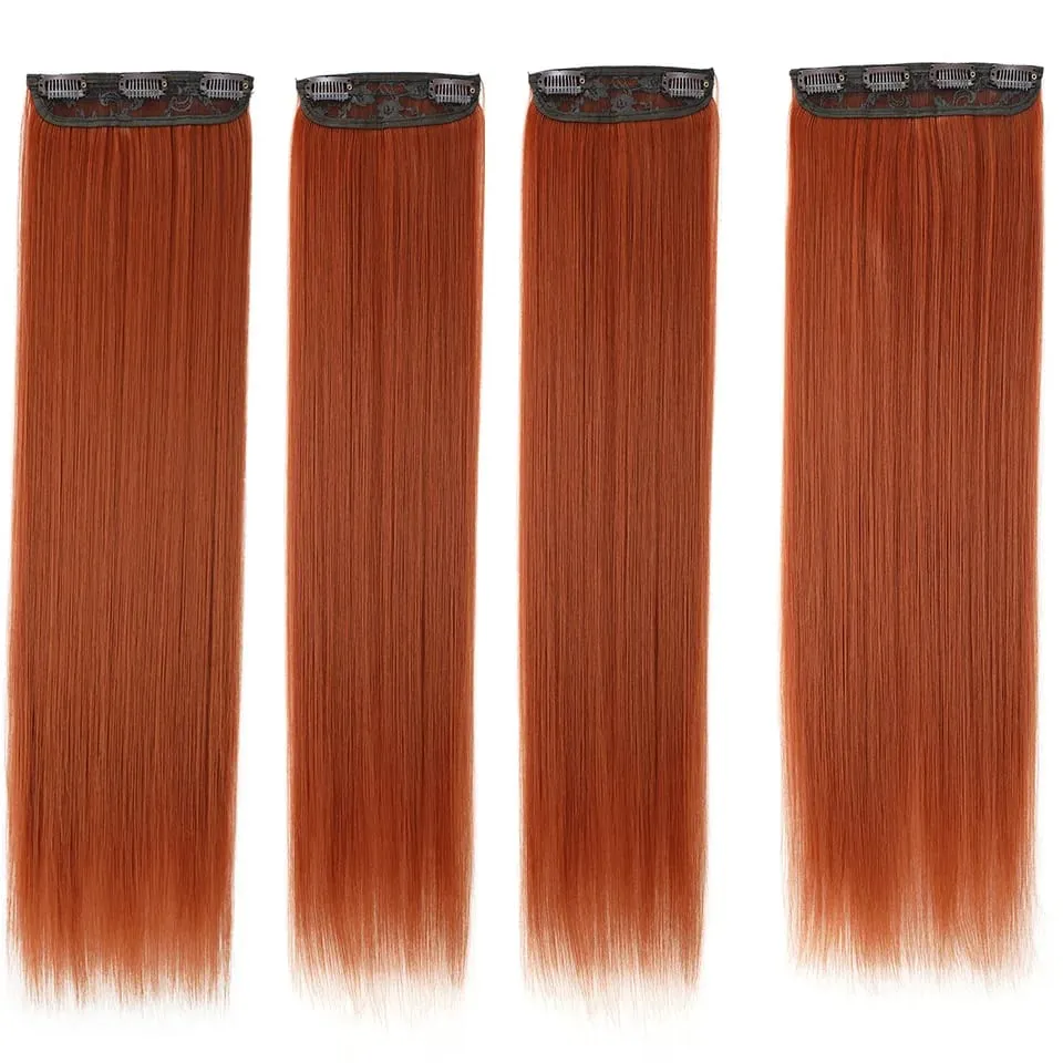 200G/lot Orange 11 Clips Ins Hair Extensions 24 Inch 4Pcs/lot Straight Highlight Synthetic Hair Clip Ins Daily Use Hair Pieces