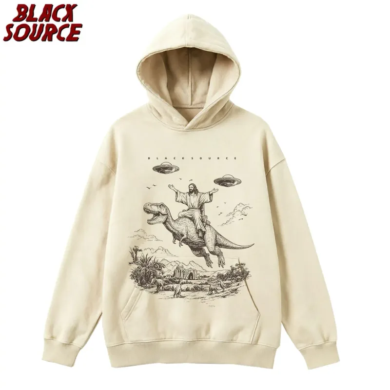 T075 Cartoon Dinosaur Print Hoodie, Women's Unisex Vintage Pullover Sweatshirt, Casual Distressed Design for Daily Wear