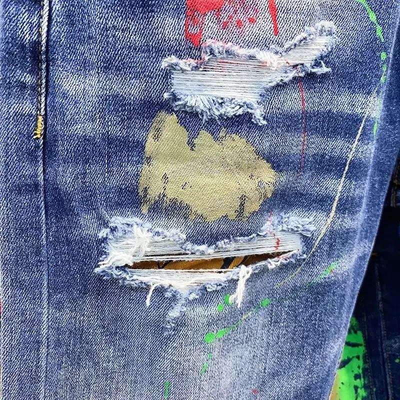 Luxury Brand 2025 Printing Graffiti Jeans Men's Fashion Ripped Spray Paint Pants Ruffian Handsome Punk Streetwears Pants Man