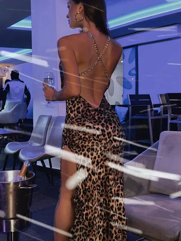 Leopardtryck Kvinnor Kedjerem Sida Slit Maxiklänning Rygglös Bodycon Sexig Streetwear Festival 2024 Kväll Elegant