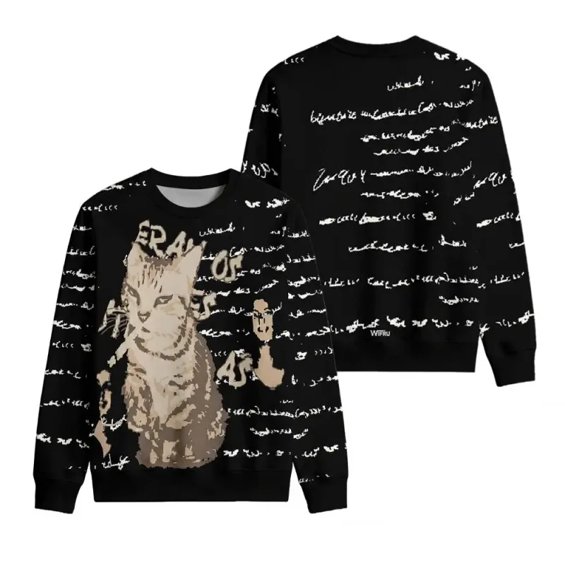 Vintage Cat Portrait English Letter Graphic Pullover WIFRU Harajuku Aesthetic Long Sleeve Crewneck Top Unisex Casual Streetwear
