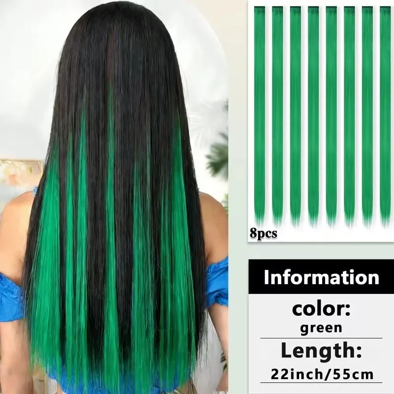 22Inch Synthetic 8pcs Long Straight Clip-In Hair Extension Highlights Multi-Color Rainbow Hairpiece for Women Daily Praty Use