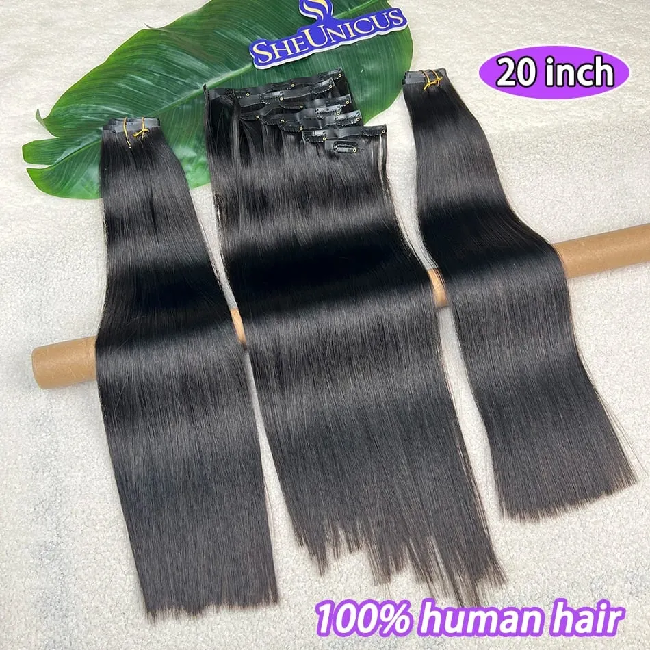 Double Drawn Straight PU Clip Ins Hair Extensions 100% Human Hair Natural Black Color 100g/Set 7pcs Invisible PU Weft Clips Hair