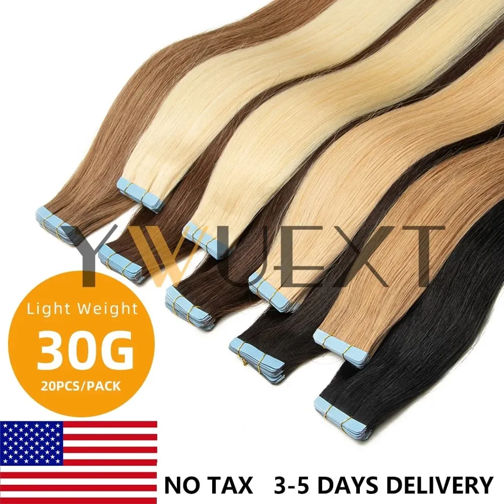Lightweight Tape in Human Hair Extensions 12-20 inches Seamless PU Skin Weft Tape Hair Natural Straight 20pcs/pack 30G Tape Glue