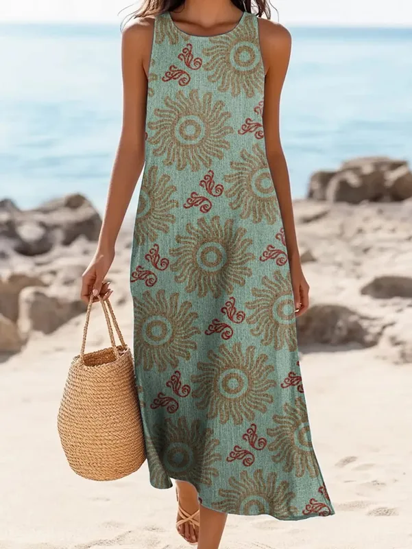 Vintage Floral Printed Women Sleeveless Sundress Summer Loose Casual Beach Long Dress Ladies Bohemia Maxi Dresses Party Vestidos