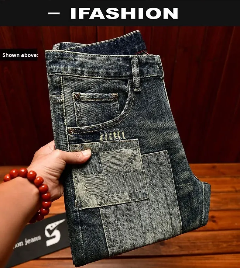 Retro and nostalgic patchwork design jeans for men trendy and fashionable street men's clothing slim fit small foot long pants