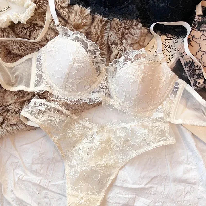 Sexy Women Underwear Set Lace Flowers Embroidery Push Up Bra Set French Thin Cup Comfort Breathable Lingerie Ladies Intimates