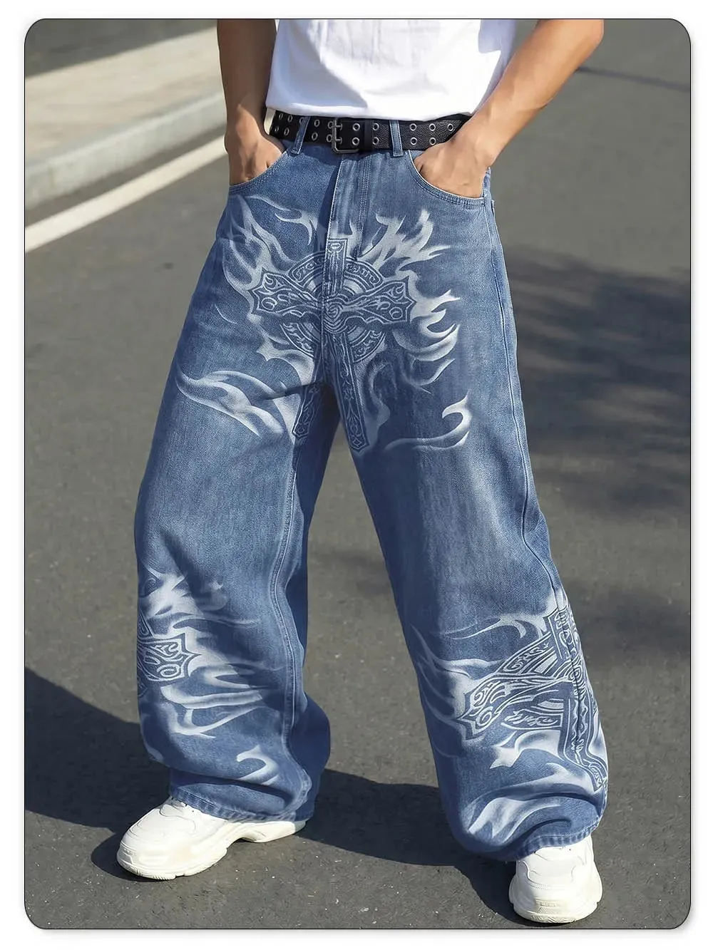 Men's Y2K Gothic Graffiti Print Baggy Ultra Wide Leg Jeans Hip Hop Streetwear Loose Casual Skater Denim Pants Unisex